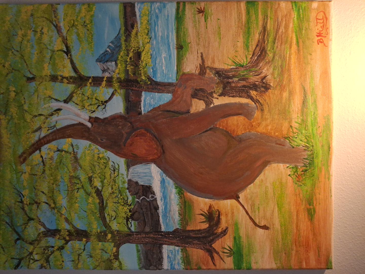 Brett Hiatt painting of an elephant beside trees, waterfalls, water, and a distant mountain