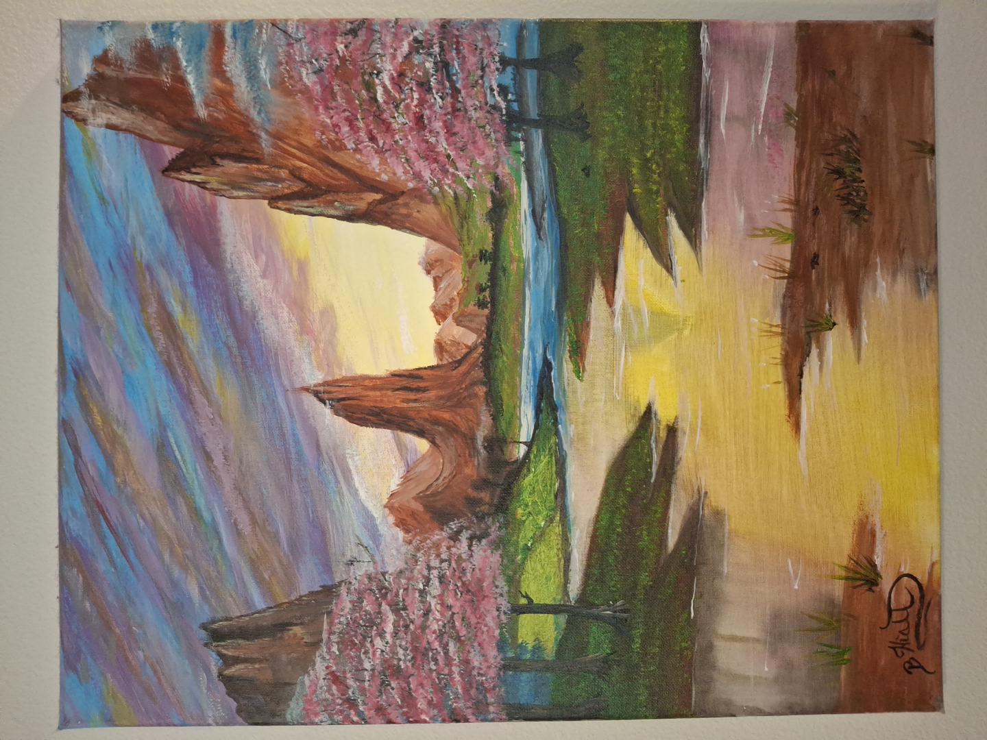Brett Hiatt painting of a glowing river valley framed by pink blossom trees and tall mountains