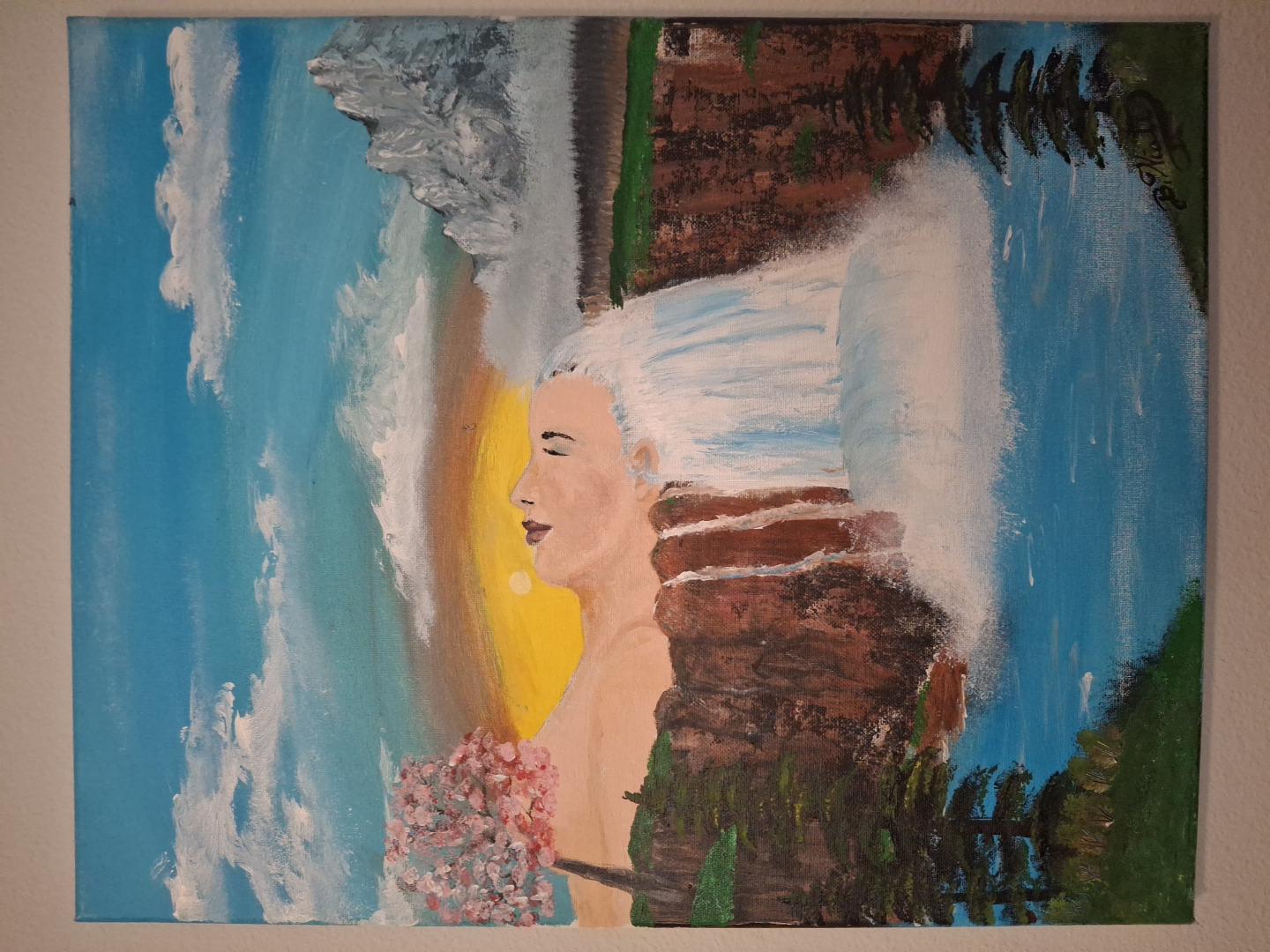 Brett Hiatt painting of a reclining woman whose hair becomes a waterfall in a mountain landscape